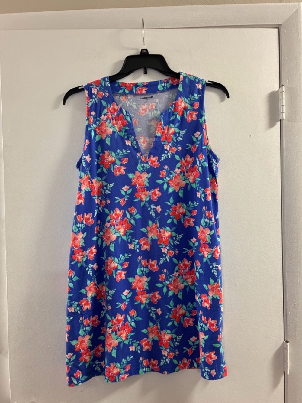 Lands' End Blue Floral Midi Dress with Pink-Red Flowers